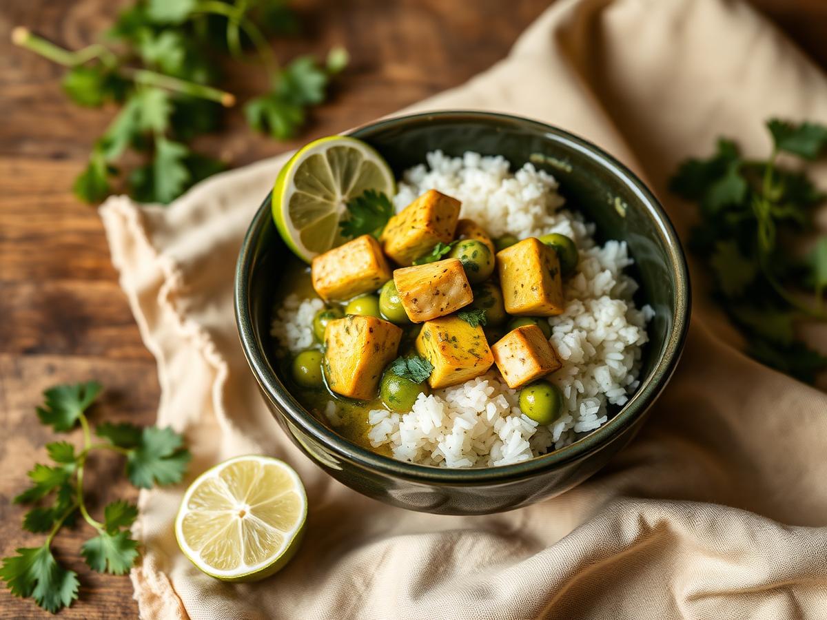 Green coconut curry with tofu, snap peas and jasmine rice in a dark green glazed bowl