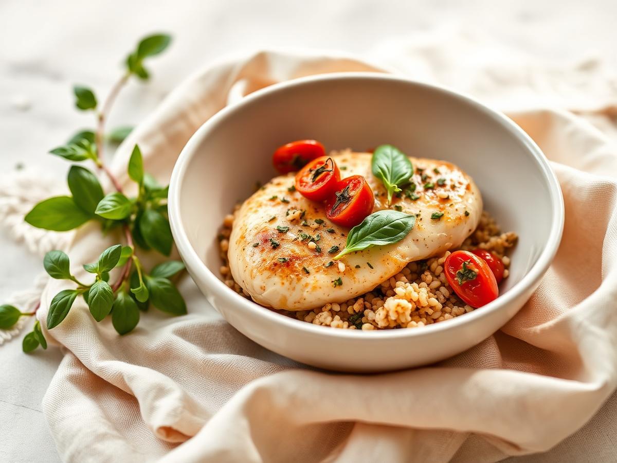 Lemon herb chicken with farro, blistered tomatoes and basil in a cream ceramic bowl