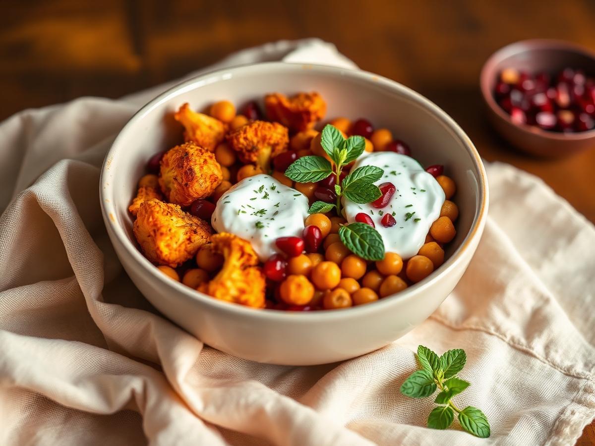 Harissa roasted cauliflower and chickpea bowl with herbed yogurt, pomegranate and mint