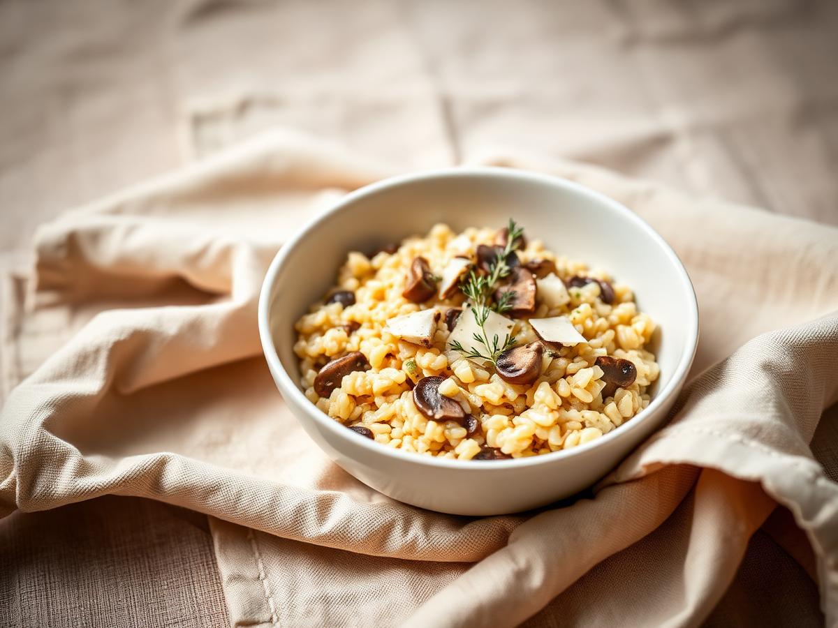 Wild mushroom and leek risotto with parmesan and thyme in a cream ceramic bowl