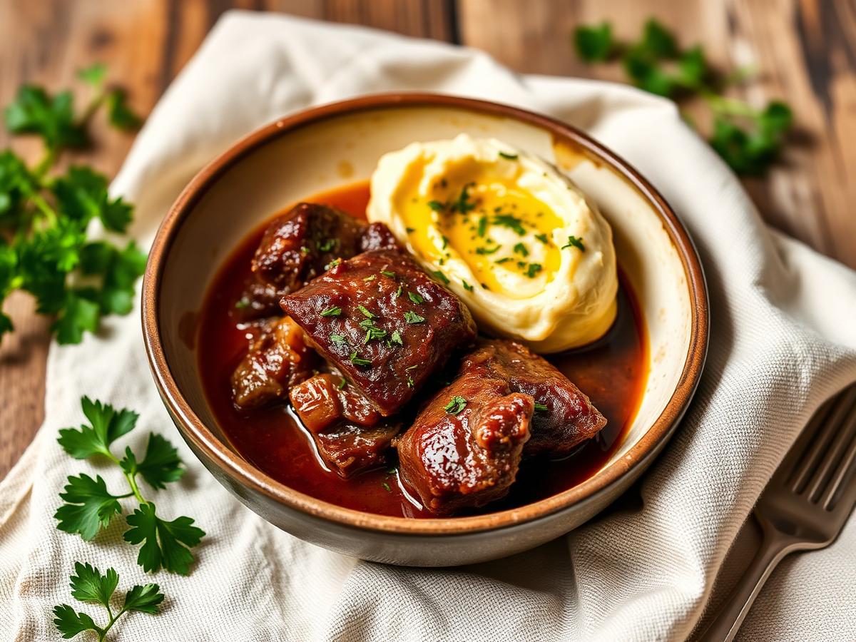 Braised short rib with olive oil whipped potato and gremolata in a shallow stoneware bowl