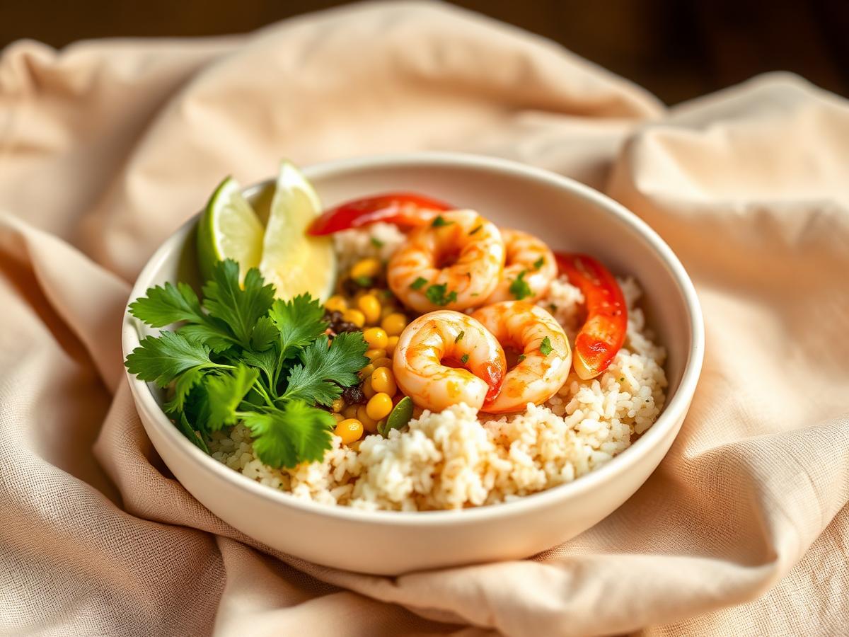 Chilli butter shrimp with charred sweet corn, lime and herbs in a shallow cream bowl