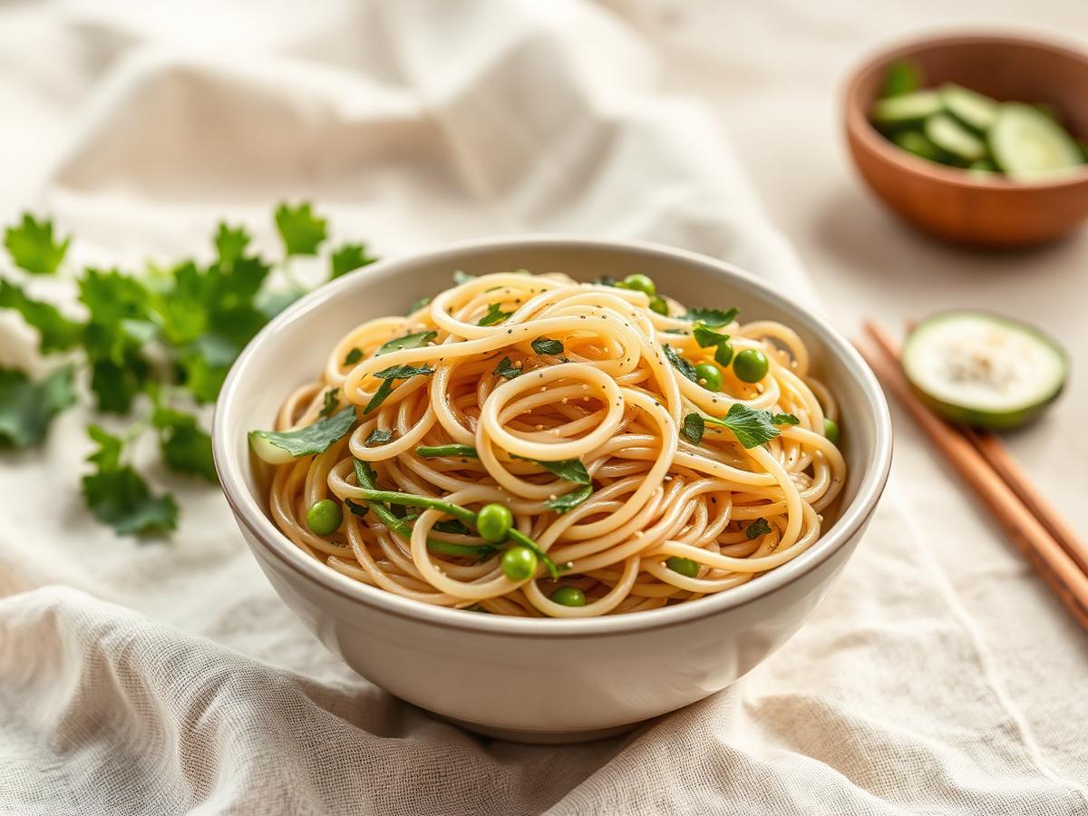 Chilled soba noodle salad with edamame, cucumber ribbons and herbs in a cream bowl