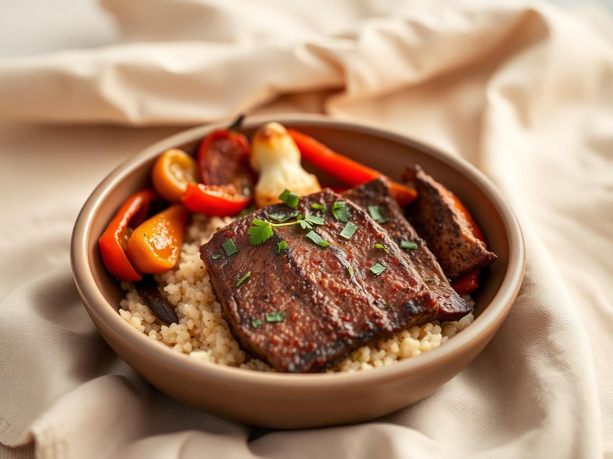Seared steak strips with chimichurri, roasted peppers and cauliflower rice in a stoneware bowl