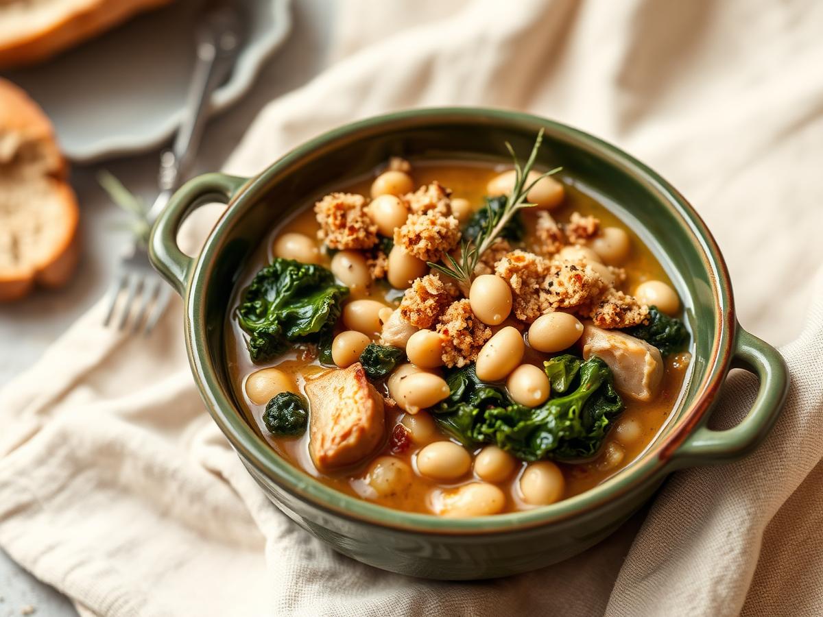 Turkey and white bean stew with kale and rosemary in a deep green glazed bowl