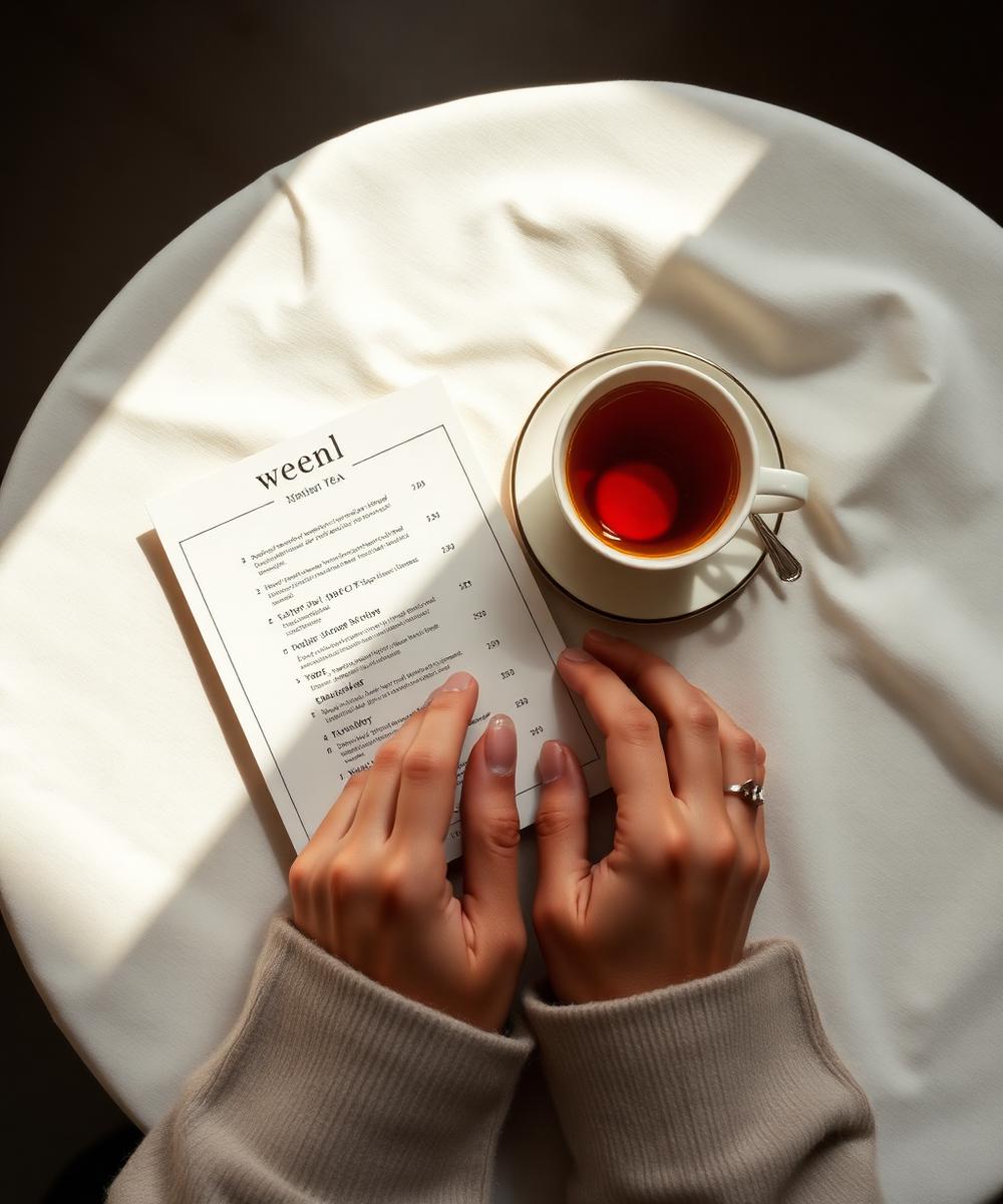 Hands choosing dishes from a printed weekly menu beside a cup of coffee